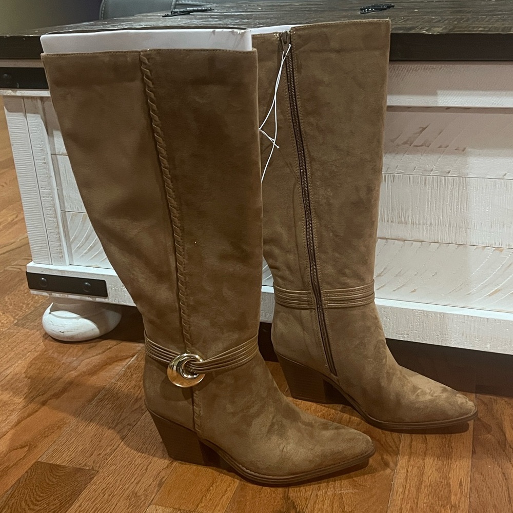 Wide Calf Tan suede Heeled Boots with Gold Accent by Universal Thread